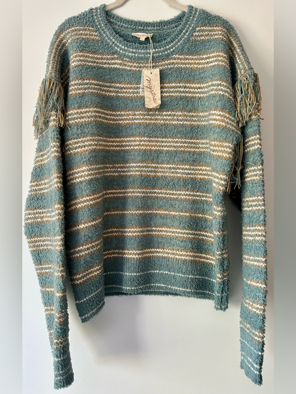 NWT - Mystree Seafoam Stripe Pullover Sweater w Fringe Detail